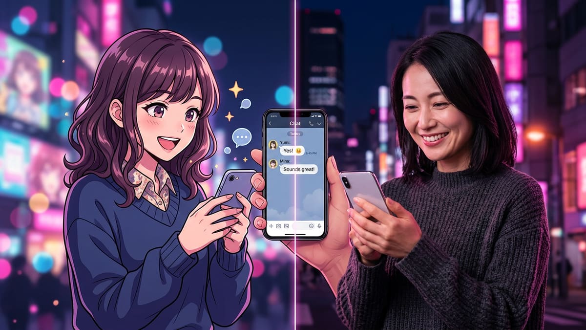 An anime-style girl with bright eyes waving from a phone screen with chat bubbles around her