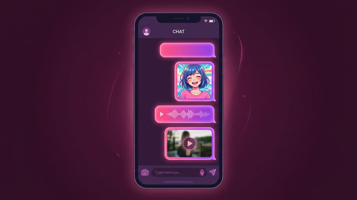 Diagram of a chat thread showing a message, a generated picture, and a voice note on the same character