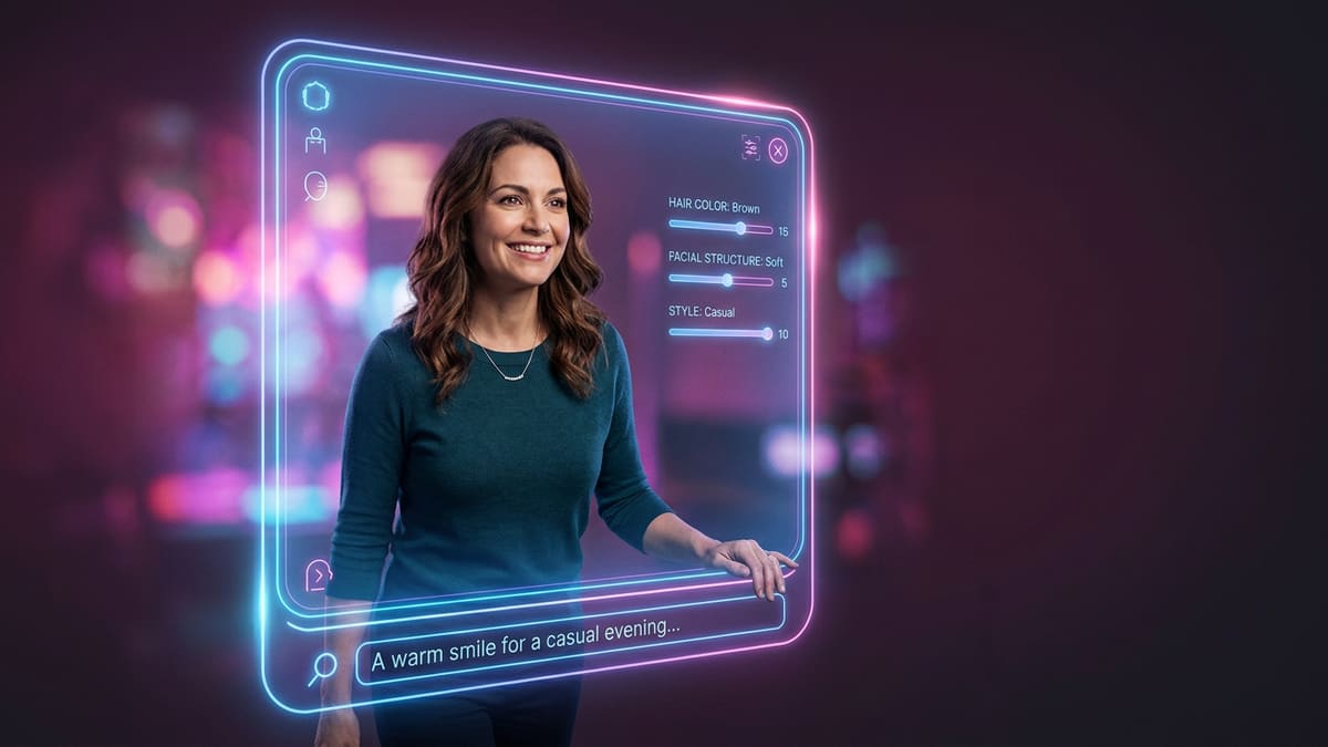 A smiling young woman with soft lighting looking at a glowing chat window on her phone