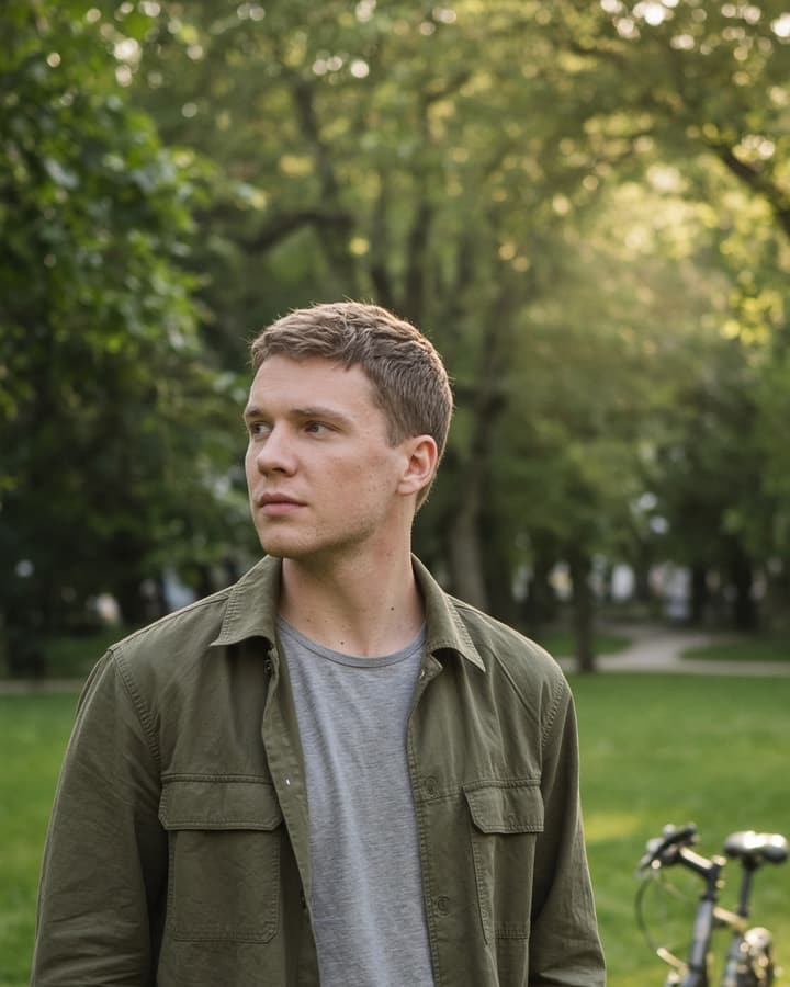 Jonas, a realistic AI companion from Berlin — short light-brown hair, olive overshirt, sunlit park with a bicycle