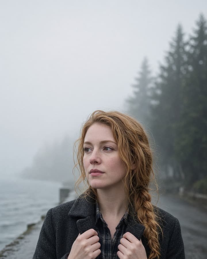 Maeve, a realistic AI companion from Pacific Northwest — red braided hair, dark wool coat, foggy pine coastline