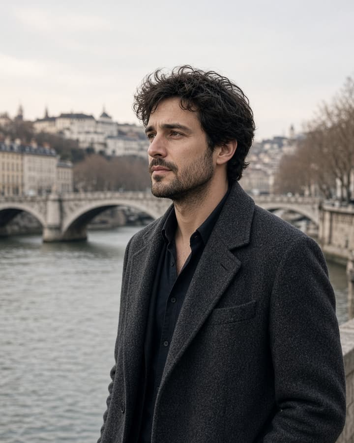 Julien, a realistic AI companion from Lyon — dark curly hair and beard, charcoal wool coat, stone bridge over the river