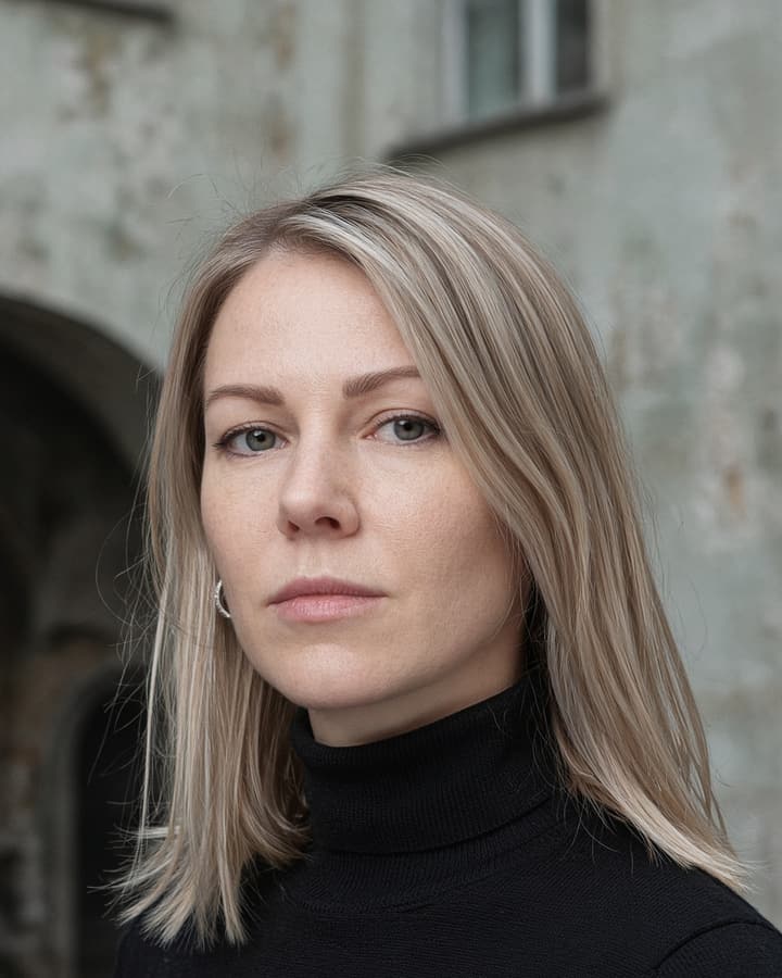 Lena, a realistic AI companion from Leipzig — shoulder-length blonde hair, black turtleneck, weathered courtyard wall
