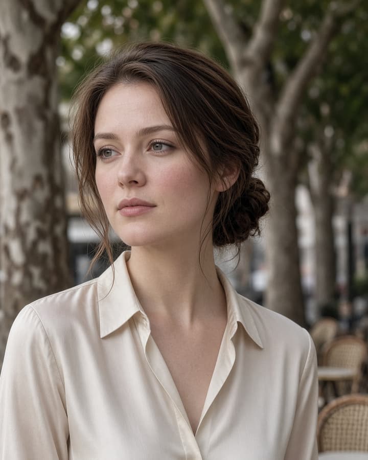 Camille, a realistic AI companion from Paris — dark hair in a low bun, cream silk blouse, café terrace under plane trees