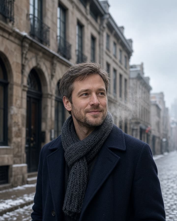 Mathieu, a realistic AI companion from Montréal — navy wool coat and grey knit scarf, snowy cobblestone street