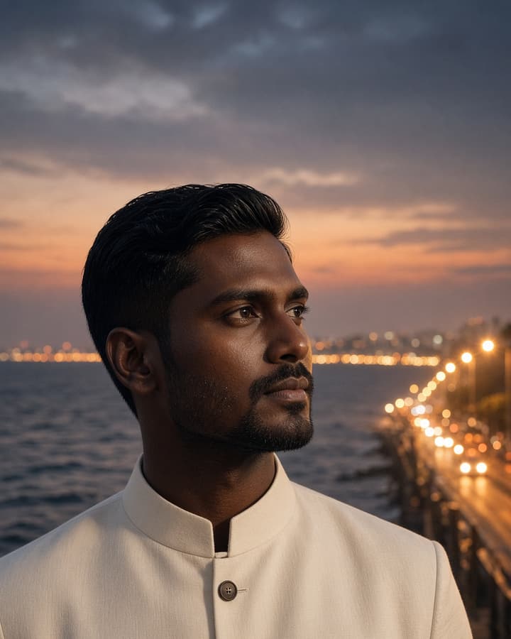 Arjun, a realistic AI companion from Mumbai — cream bandhgala jacket, Marine Drive lights at dusk
