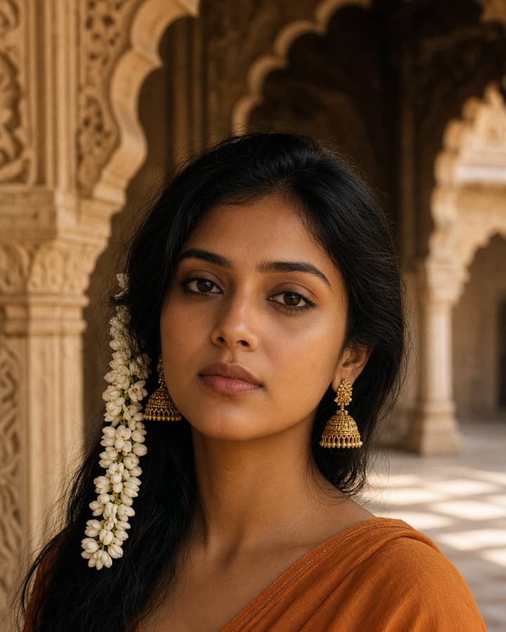 Ananya, a realistic AI companion from Jaipur — orange saree, jasmine in her hair, carved sandstone arches