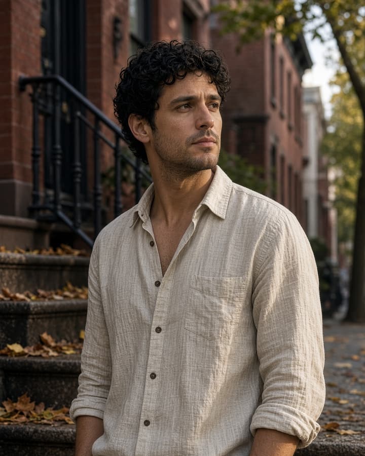 Marco, a realistic AI companion from Brooklyn — curly black hair, linen shirt, brownstone steps in autumn