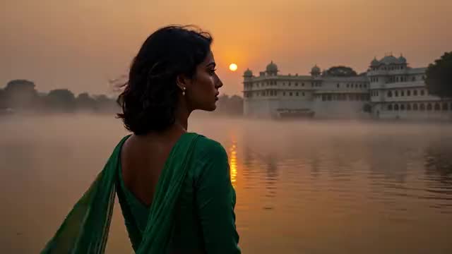 Lake palace sunrise: Mist over the water in Udaipur